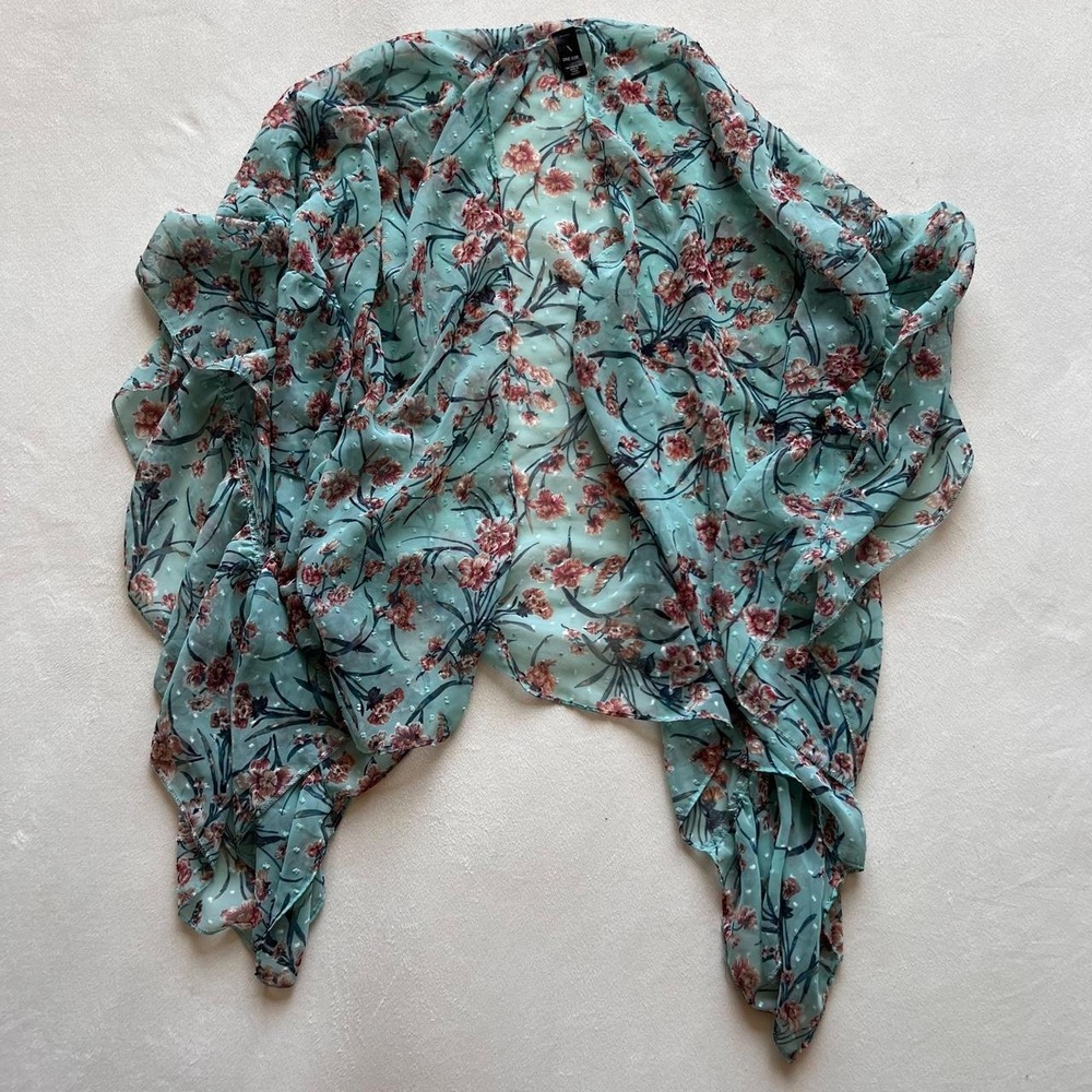 Blue Floral Flowy Cardigan Kimono Ruffle Romantic Feminine